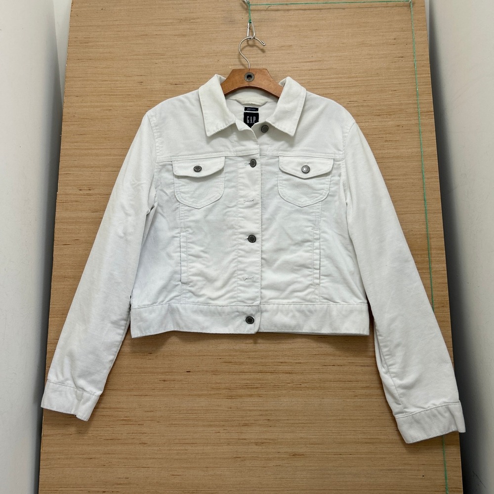 Gap Stretch White Corduroy Trucker Jacket Womens Large Long Sleeve Button Front